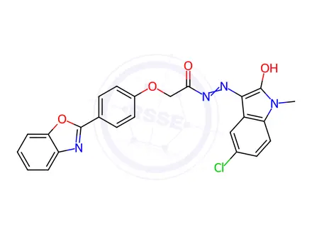 Chemical structure of Acetic acid,2-[4-(2-benzoxazolyl)phenoxy]-,2-(5-chloro-1,2-dihydro-1-methyl-2-oxo-3H-indol-3-ylidene)hydrazide