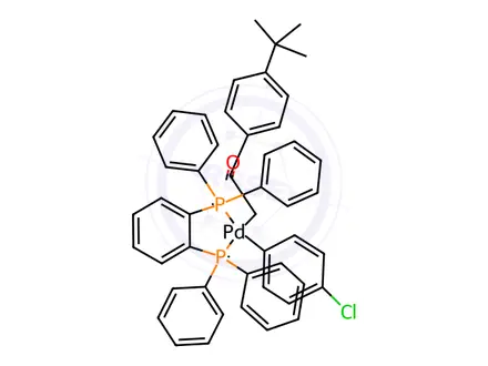 Chemical structure of (4-Chlorophenyl)[2-[4-(1,1-dimethylethyl)phenyl]-2-oxoethyl][1,2-phenylenebis[diphenylphosphine-κP]]palladium