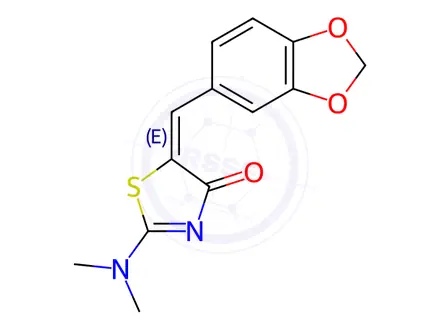 Chemical structure of (5E)-5-[(2H-1,3-Benzodioxol-5-yl)methylidene]-2-(dimethylamino)-4,5-dihydro-1,3-thiazol-4-one