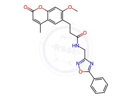 Chemical structure of 7-Methoxy-4-methyl-2-oxo-N-[(5-phenyl-1,2,4-oxadiazol-3-yl)methyl]-2H-1-benzopyran-6-propanamide