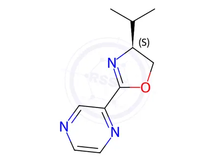 Chemical structure of Pyrazine, 2-[(4S)-4,5-dihydro-4-(1-methylethyl)-2-oxazolyl]-