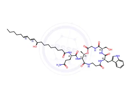 Chemical structure of Glycine, N-(N-(N-(N-(N-(N2-(9-hydroxy-1-oxo-10,12-octadecadienyl)-D-gl utaminyl)-L-threonyl)-beta-alanyl)-D-tryptophyl)-D-seryl)-, omicron-la ctone