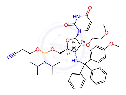 Chemical structure of Uridine, 3'-?deoxy-?2'-?O-?(2-?methoxyethyl)?-?3'-?[[(4-?methoxyphenyl)?diphenylmethyl]?amino]?-?, 5'-?[2-?cyanoethyl N,?N-?bis(1-?methylethyl)?phosphoramidite]