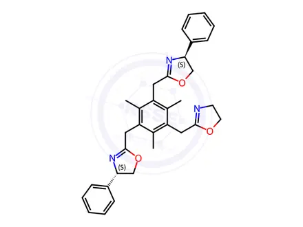 Chemical structure of (4S)-2-[[3-[(4,5-Dihydro-2-oxazolyl)methyl]-5-[[(4S)-4,5-dihydro-4-phenyl-2-oxazolyl]methyl]-2,4,6-trimethylphenyl]methyl]-4,5-dihydro-4-phenyloxazole