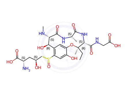 Chemical structure of Glycine, (βR)-2-[(R)-[(2S,4S)-4-amino-4-carboxy-2-hydroxybutyl]sulfinyl]-β,5-dihydroxy-N-methyl-L-tyrosyl-L-alanyl-3-hydroxy-L-isoleucyl-, cyclic (15→3)-ether