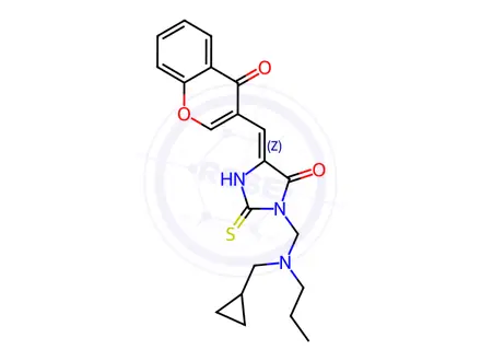 Chemical structure of (5Z)-3-{[(cyclopropylmethyl)(propyl)amino]methyl}-5-[(4-oxo-4H-chromen-3-yl)methylidene]-2-sulfanylideneimidazolidin-4-one