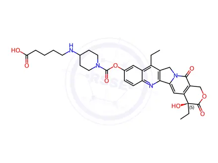Chemical structure of 7-Ethyl-10-(4-N-aminopentanoic acid)-1-piperidino)carbonyloxycamptothecin