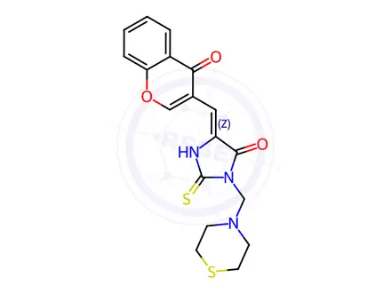 Chemical structure of (5Z)-5-[(4-Oxo-4H-chromen-3-yl)methylidene]-2-sulfanylidene-3-[(thiomorpholin-4-yl)methyl]imidazolidin-4-one