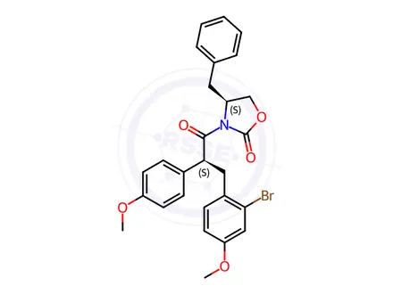 Chemical structure of (S)-4-Benzyl-3-[(S)-3-(2-bromo-4-methoxyphenyl)-2-(4-methoxyphenyl) propanoyl]-2-oxazolidinone