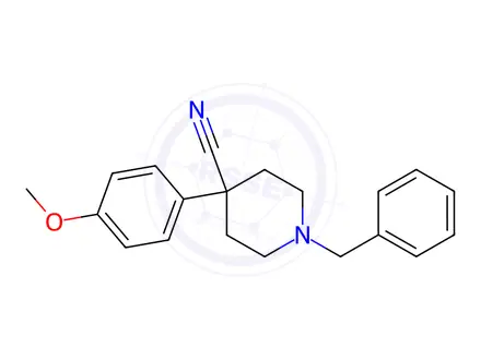 Chemical structure of 1-Benzyl-4-(4-methoxyphenyl)piperidine-4-carbonitrile hydrochloride