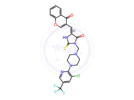 Chemical structure of (5Z)-3-({4-[3-chloro-5-(trifluoromethyl)pyridin-2-yl]piperazin-1-yl}methyl)-5-[(4-oxo-4H-chromen-3-yl)methylidene]-2-sulfanylideneimidazolidin-4-one