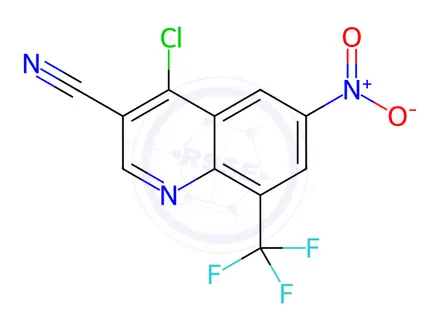 Chemical structure of 4-chloro-6-nitro-8-(trifluoromethyl)quinoline-3-carbonitrile