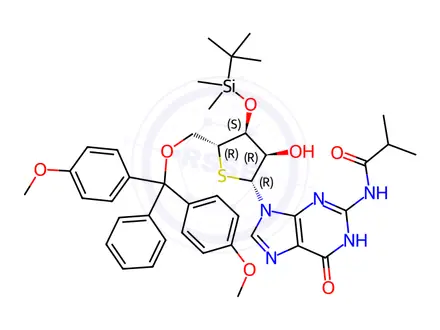 Chemical structure of Guanosine, 5'-?O-?[bis(4-?methoxyphenyl)?phenylmethyl]?-?3'-?O-?[(1,?1-?dimethylethyl)?dimethylsilyl]?-?N-?(2-?methyl-?1-?oxopropyl)?-?4'-?thio-