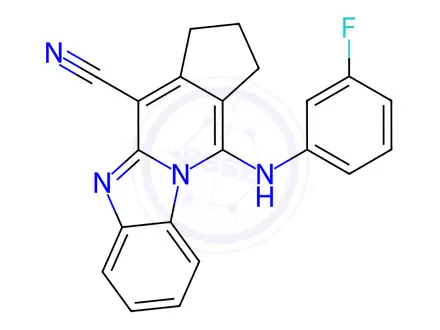 Chemical structure of 11-[(3-fluorophenyl)amino]-2,3-dihydro-1H-cyclopenta[4,5]pyrido[1,2-a]benzimidazole-4-carbonitrile