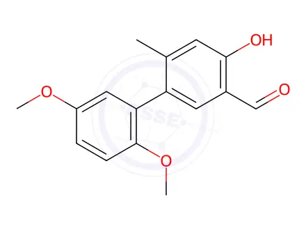 Chemical structure of 4-Hydroxy-2,5-dimethoxy-6-methyl[1,1-biphenyl]-3-carbaldehyde