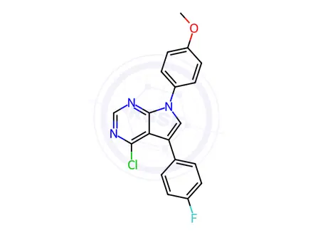 Chemical structure of 4-Chloro-5-(4-fluorophenyl)-7-(4-methoxyphenyl)-7H-pyrrolo[2,3-d]pyrimidine