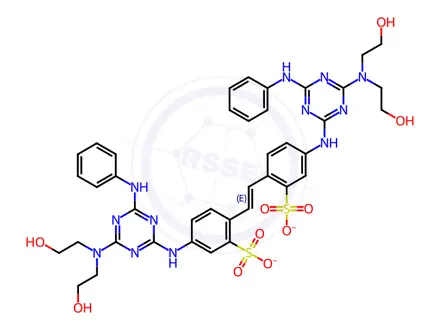 Chemical structure of Benzenesulfonic acid, 2,2'-(1,2-ethenediyl)bis[5-[[4-[bis(2-hydroxyethyl)amino]-6-(phenylamino)-1,3,5-triazin-2-yl]amino]-, potassium salt