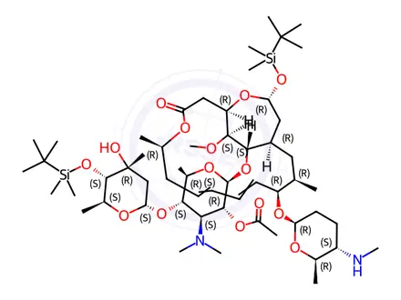 Chemical structure of 2’-O-Acetyl-4’’-O-tert-butyldimethylsilyl-4’’’-de-N-methylspiramycin I 3,18-(O-tert-Butyldimethylsilyl)acetal