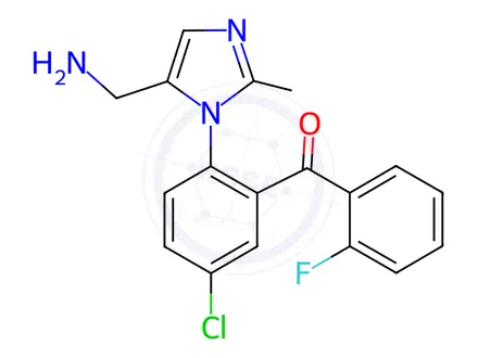 Chemical structure of (2-(5-(Aminomethyl)-2-methyl-1H-imidazol-1-yl)-5-chlorophenyl)(2-fluorophenyl)methanone Dihydrochloride