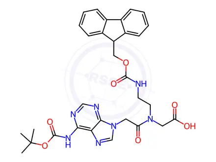 Chemical structure of Glycine, N-[2-[6-[[(1,1-dimethylethoxy)carbonyl]amino]-9H-purin-9-yl]acetyl]-N-[2-[[(9H-fluoren-9-ylmethoxy)carbonyl]amino]ethyl]-