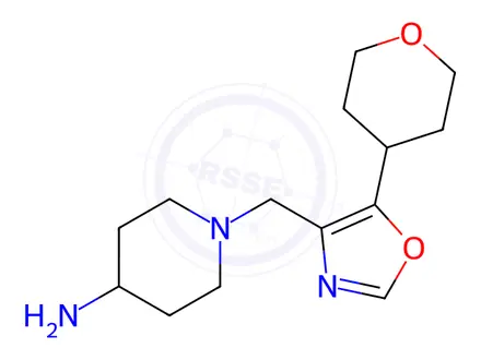 Chemical structure of 1-((5-(Tetrahydro-2H-pyran-4-yl)oxazol-4-yl)methyl)piperidin-4-amine dihydrochloride