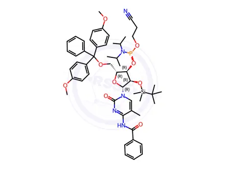 Chemical structure of Cytidine, N-benzoyl-5'-O-[bis(4-methoxyphenyl)phenylmethyl]-2'-O-[(1,1-dimethylethyl)dimethylsilyl]-5-methyl-, 3'-[2-cyanoethyl bis(1-methylethyl)phosphoramidite] (9CI)