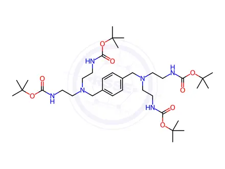 Chemical structure of tetra-tert-butyl (((1,4-phenylenebis(methylene))bis(azanetriyl))tetrakis(ethane-2,1-diyl))tetracarbamate