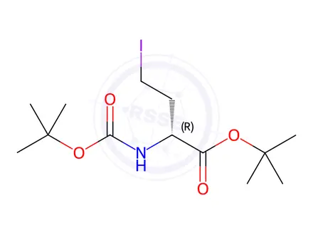 Chemical structure of Butanoic acid, 2-[[(1,1-dimethylethoxy)carbonyl]amino]-4-iodo-, 1,1-dimethylethyl ester, (2R)-