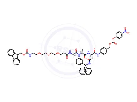 Chemical structure of [4-[[(2S)-2-[[(2S)-2-[[(2S)-2-[3-[2-[2-[2-(9H-fluoren-9-ylmethoxycarbonylamino)ethoxy]ethoxy]ethoxy]propanoylamino]propanoyl]amino]propanoyl]amino]-4-oxo-4-(tritylamino)butanoyl]amino]phenyl]methyl (4-nitrophenyl) carbonate