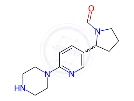Chemical structure of 2-(6-(Piperazin-1-yl)pyridin-3-yl)pyrrolidine-1-carbaldehyde
