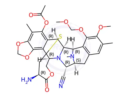 Chemical structure of (6R,6aR,7R,13S,14R,16R,20R)-5-(Acetyloxy)-20-amino-6,6a,7,13,14,16-hexahydro-9-methoxy-8-(methoxymethoxy)-4,10,23-trimethyl-19-oxo-6,16-(epithiopropanoxymethano)-7,13-imino-12H-1,3-dioxolo[7,8]isoquino[3,2-b][3]benzazocine-14-carbonitrile