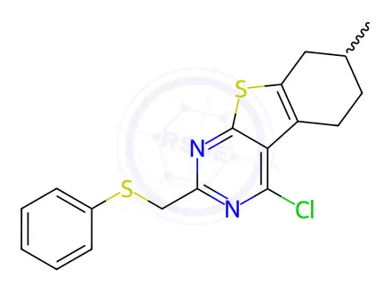 Chemical structure of 4-Chloro-7-methyl-2-((phenylthio)methyl)-5,6,7,8-tetrahydrobenzo[4,5]thieno[2,3-d]pyrimidine