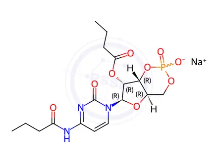 Chemical structure of Cytidine, N-(1-oxobutyl)-, cyclic 3',5'-(hydrogen phosphate) 2'-butanoate, monosodium salt
