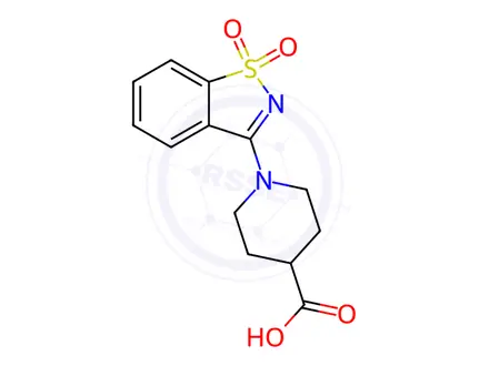 Chemical structure of 1-(1,1-dioxido-1,2-benzisothiazol-3-yl)piperidine-4-carboxylic acid
