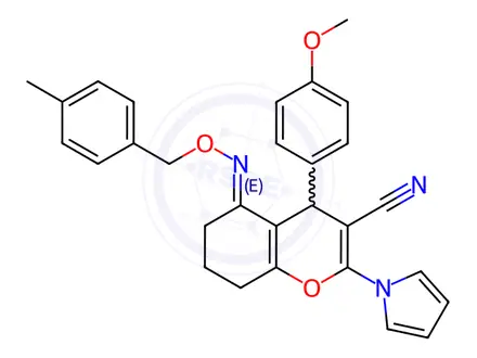 Chemical structure of (5E)-4-(4-Methoxyphenyl)-5-{[(4-methylphenyl)methoxy]imino}-2-(1H-pyrrol-1-yl)-5,6,7,8-tetrahydro-4H-chromene-3-carbonitrile