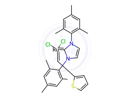 Chemical structure of Tricyclohexylphosphine[1,3-bis(2,4,6-trimethylphenyl)imidazol-2-ylidene] [2-thienylmethylene]ruthenium(II) dichloride, min. 95%