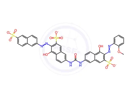 Chemical structure of trisodium 7-[[[[6-[(o-anisyl)azo]-5-hydroxy-7-sulphonato-2-naphthyl]amino]carbonyl]amino]-4-hydroxy-3-[(6-sulphonato-2-naphthyl)azo]naphthalene-2-sulphonate