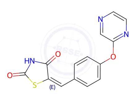 Chemical structure of (5E)-5-{[4-(pyrazin-2-yloxy)phenyl]methylidene}-1,3-thiazolidine-2,4-dione
