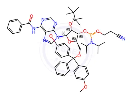 Chemical structure of Phosphoramidites Impurity 81 (DMT-2’-O-TBDMS-A(Bz)-CE Phosphoramidites)