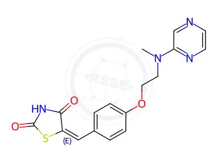 Chemical structure of (5E)-5-[(4-{2-[methyl(pyrazin-2-yl)amino]ethoxy}phenyl)methylidene]-1,3-thiazolidine-2,4-dione