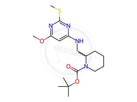 Chemical structure of 2-[(6-Methoxy-2-Methylsulfanyl-pyriMidin-4-ylaMino)-Methyl]-piperidine-1-carboxylic acid tert-butyl ester