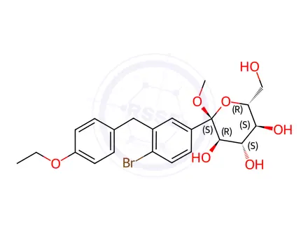 Chemical structure of (2S,3R,4S,5S,6R)-2-(4-Bromo-3-(4-ethoxybenzyl)phenyl)-6-(hydroxymethyl)-2-methoxytetrahydro-2H-pyran-3,4,5-triol