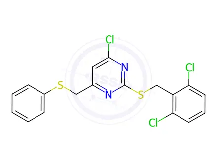 Chemical structure of 4-Chloro-2-{[(2,6-dichlorophenyl)methyl]sulfanyl}-6-[(phenylsulfanyl)methyl]pyrimidine