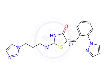 Chemical structure of (5E)-2-{[3-(1H-imidazol-1-yl)propyl]amino}-5-{[2-(1H-pyrazol-1-yl)phenyl]methylidene}-4,5-dihydro-1,3-thiazol-4-one