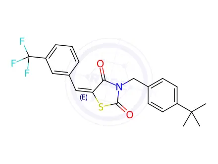 Chemical structure of (5E)-3-[(4-tert-Butylphenyl)methyl]-5-{[3-(trifluoromethyl)phenyl]methylidene}-1,3-thiazolidine-2,4-dione