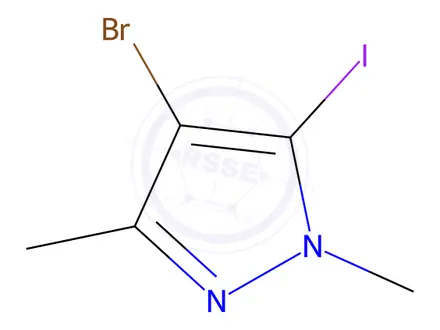 Chemical structure of 4-bromo-5-iodo-1,3-dimethyl-1H-pyrazole