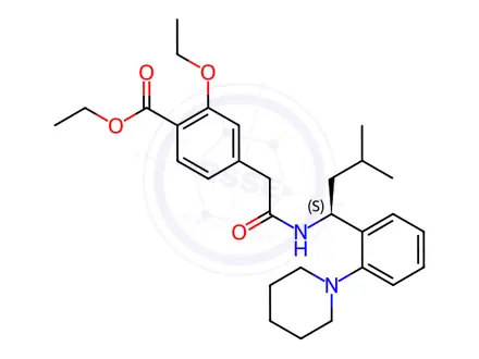 Chemical structure of Repaglinide Related Compound IV (2-Ethoxy-4-[2-[[(1S)-3-methy l-1-[2-(1-piperidinyl)phenyl]b utyl]amino]-2-oxoethyl]benzoic Acid Ethyl Ester)