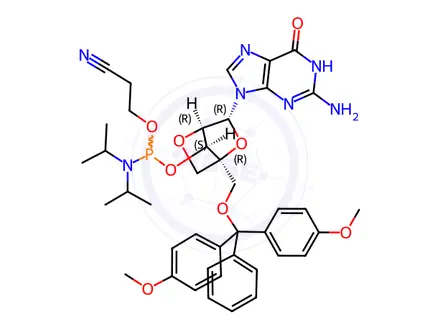 Chemical structure of Guanosine, 5'-O-[bis(4-methoxyphenyl)phenylmethyl]-2'-O,4'-C-methylene-, 3'-[2-cyanoethyl bis(1-methylethyl)phosphoramidite] (9CI)