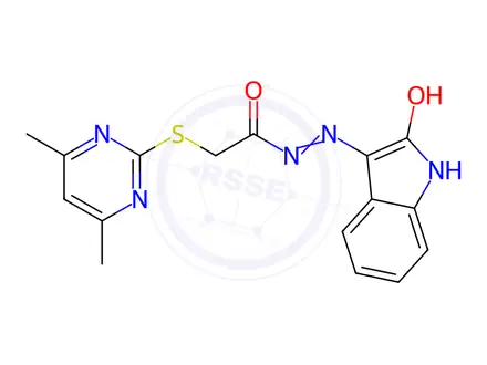 Chemical structure of (E)-2-((4,6-dimethylpyrimidin-2-yl)thio)-N-(2-oxoindolin-3-ylidene)acetohydrazide