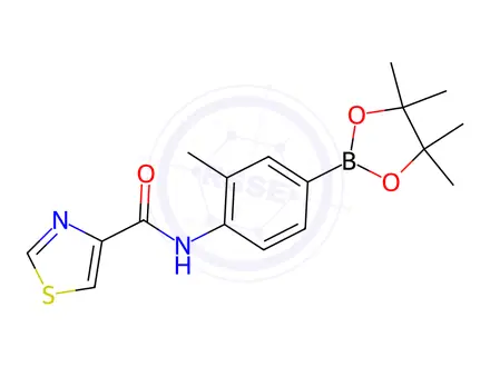 Chemical structure of Thiazole-4-carboxylic acid [2-methyl-4-(4,4,5,5-tetramethyl-[1,3,2]dioxaborolan-2-yl)-phenyl]-amide